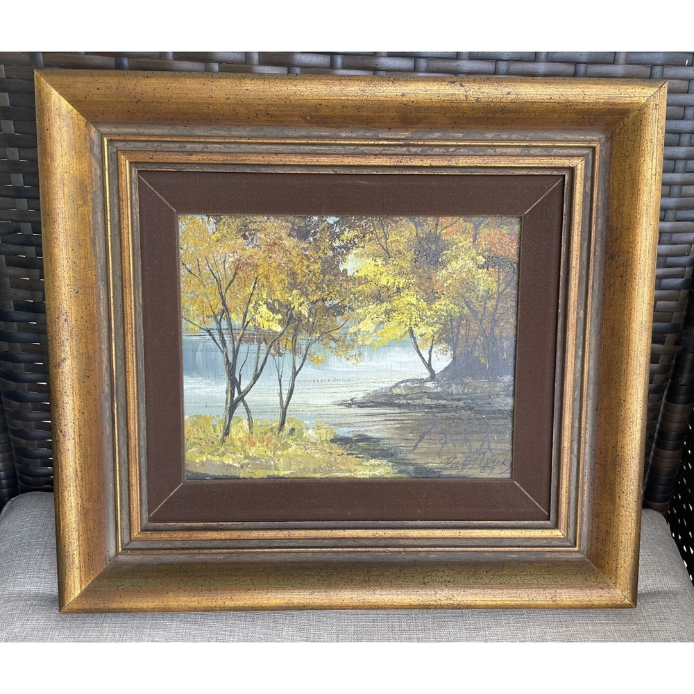Vintage Oil Painting Woods Stream Fall Foliage Autumnal Scene Wood Frame 16x14"